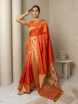 Orange Soft Silk Paithani Meenakari Saree Tilak Zari Woven Motifs Temple Border Saree With Brocade Blouse
