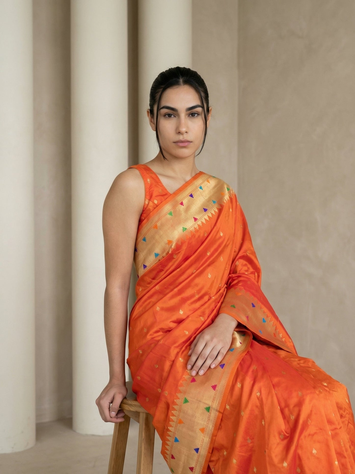 Orange Soft Silk Paithani Meenakari Saree Tilak Zari Woven Motifs Temple Border Saree With Brocade Blouse
