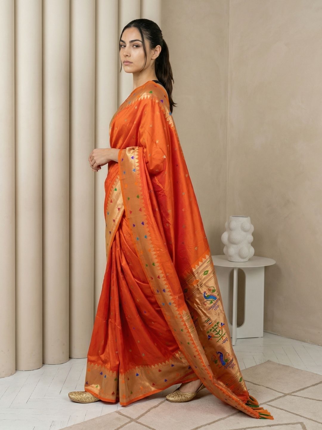 Orange Soft Silk Paithani Meenakari Saree Tilak Zari Woven Motifs Temple Border Saree With Brocade Blouse