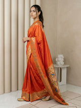 Orange Soft Silk Paithani Meenakari Saree Tilak Zari Woven Motifs Temple Border Saree With Brocade Blouse