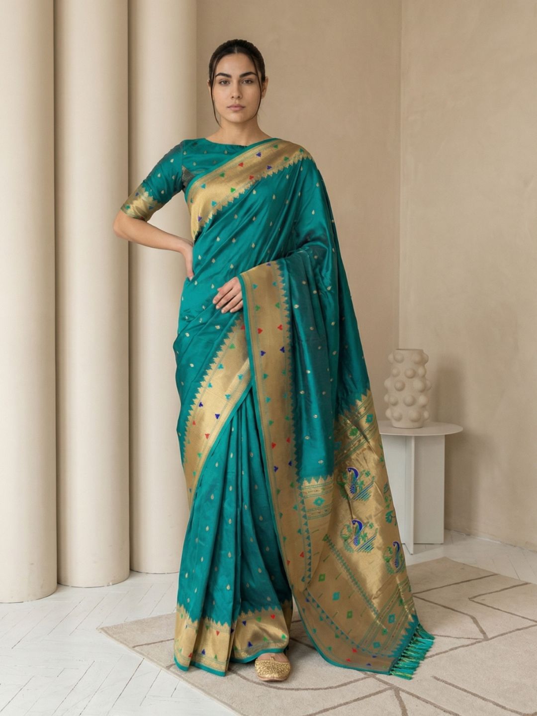 Green Soft Silk Paithani Meenakari Saree Tilak Zari Woven Motifs Temple Border Saree With Brocade Blouse