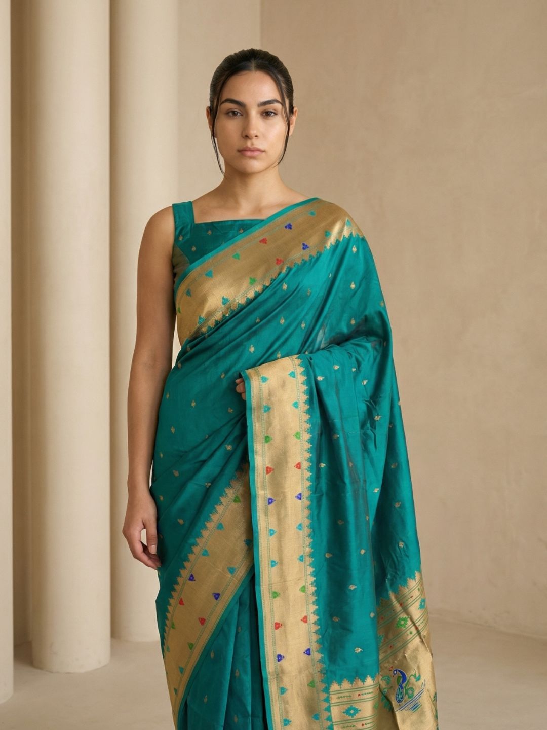 Green Soft Silk Paithani Meenakari Saree Tilak Zari Woven Motifs Temple Border Saree With Brocade Blouse