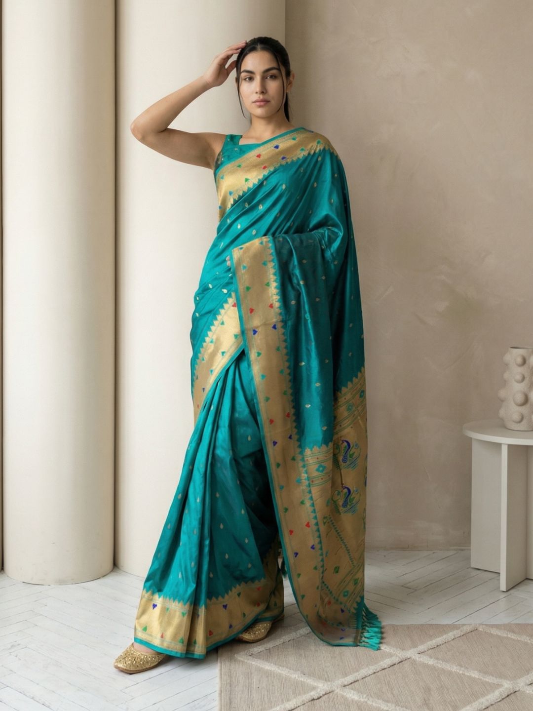 Green Soft Silk Paithani Meenakari Saree Tilak Zari Woven Motifs Temple Border Saree With Brocade Blouse