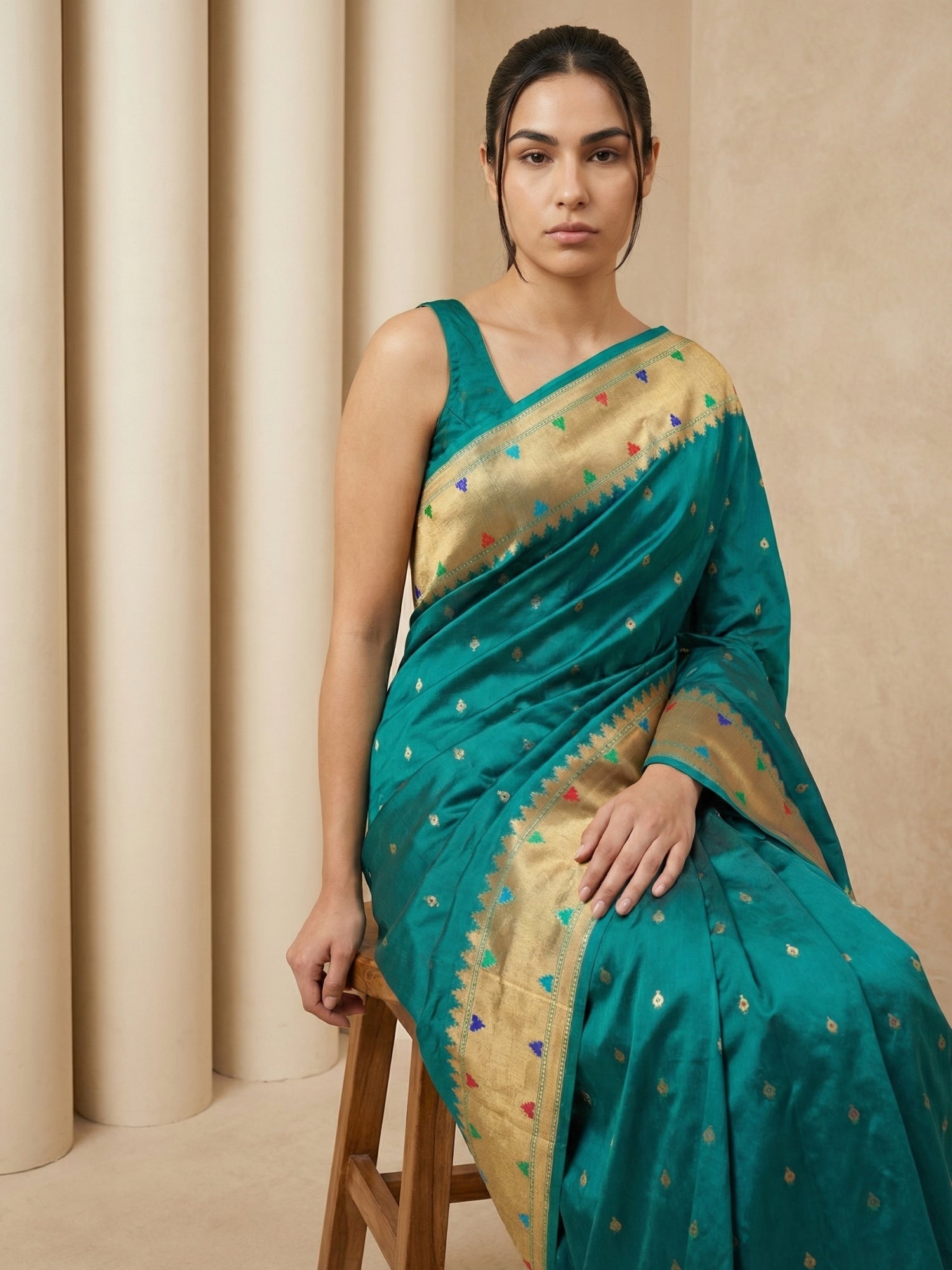 Green Soft Silk Paithani Meenakari Saree Tilak Zari Woven Motifs Temple Border Saree With Brocade Blouse
