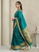Green Soft Silk Paithani Meenakari Saree Tilak Zari Woven Motifs Temple Border Saree With Brocade Blouse