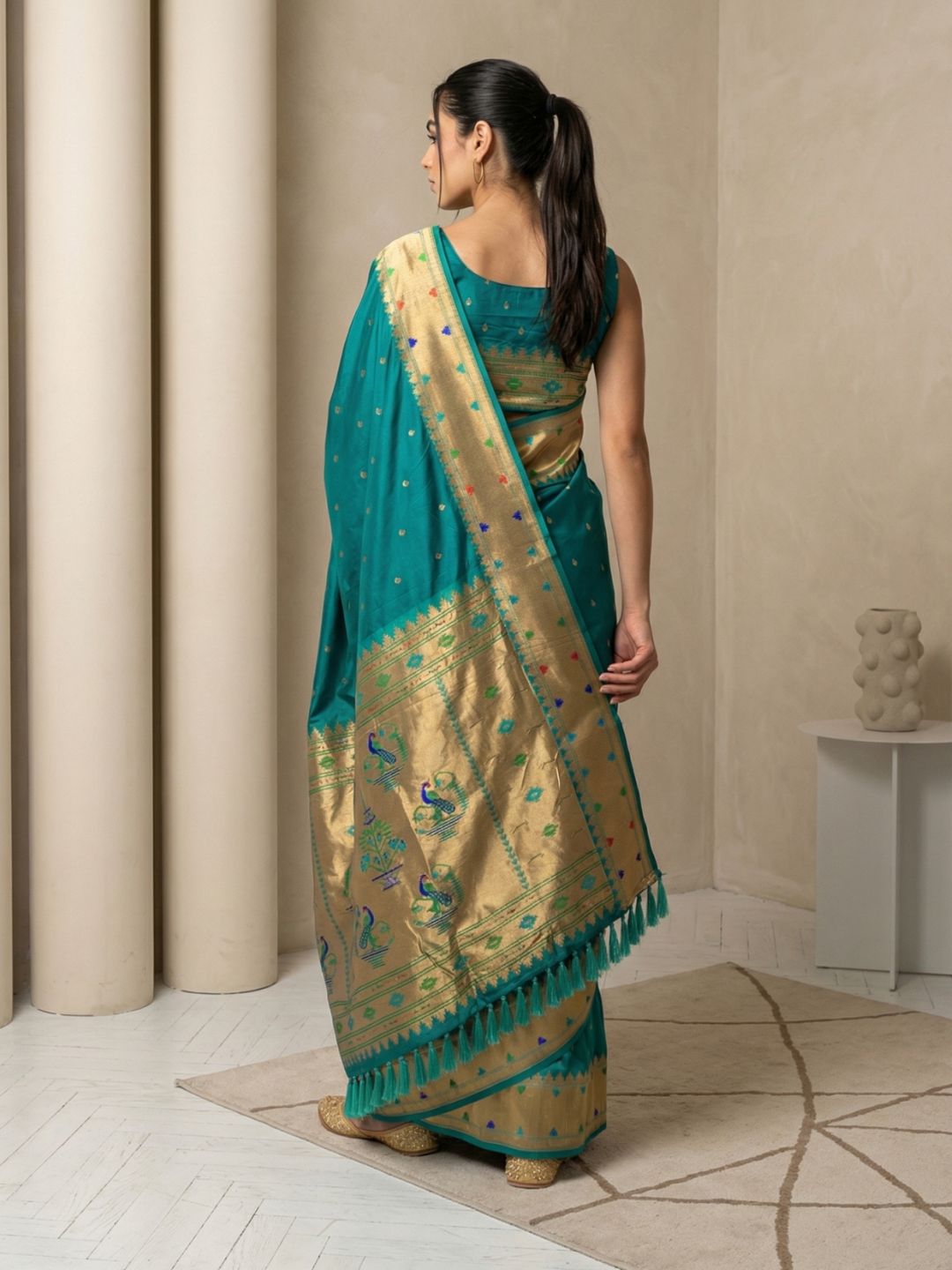 Green Soft Silk Paithani Meenakari Saree Tilak Zari Woven Motifs Temple Border Saree With Brocade Blouse