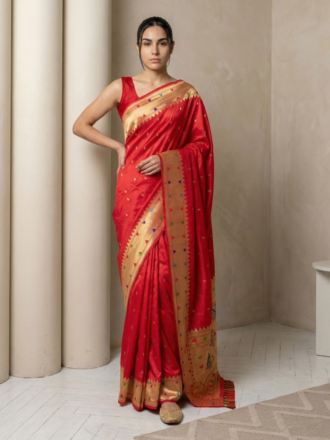 Red Soft Silk Paithani Meenakari Saree Tilak Zari Woven Motifs Temple Border Saree With Brocade Blouse