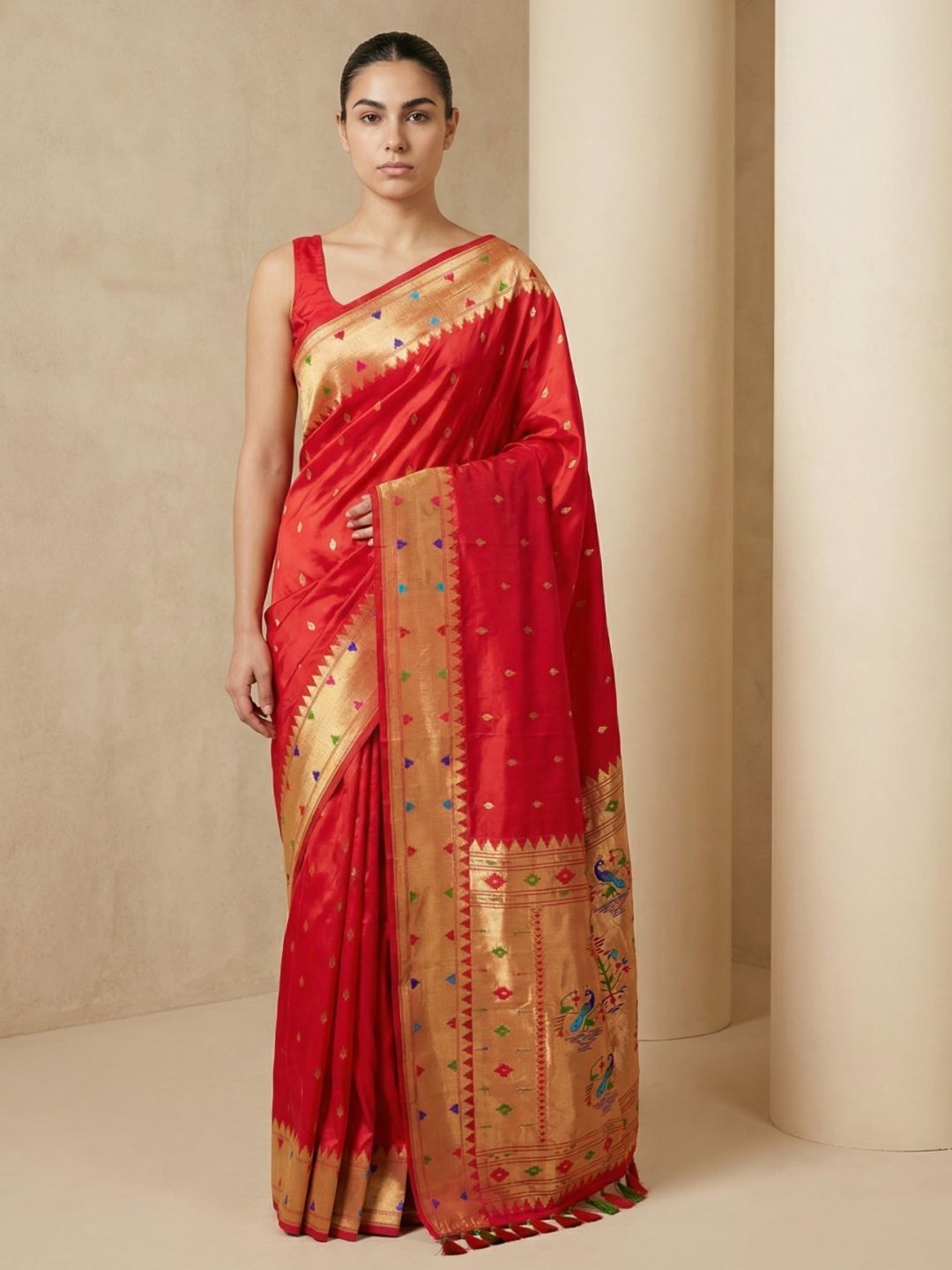 Red Soft Silk Paithani Meenakari Saree Tilak Zari Woven Motifs Temple Border Saree With Brocade Blouse