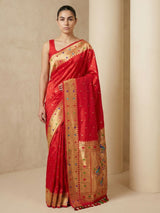 Red Soft Silk Paithani Meenakari Saree Tilak Zari Woven Motifs Temple Border Saree With Brocade Blouse