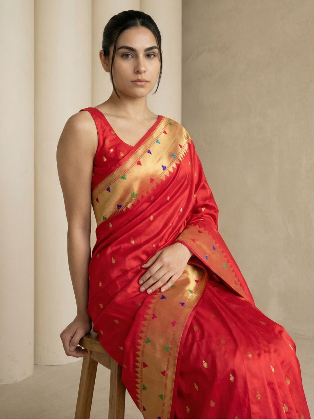Red Soft Silk Paithani Meenakari Saree Tilak Zari Woven Motifs Temple Border Saree With Brocade Blouse