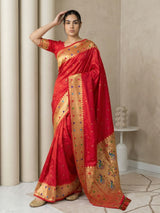 Red Soft Silk Paithani Meenakari Saree Tilak Zari Woven Motifs Temple Border Saree With Brocade Blouse