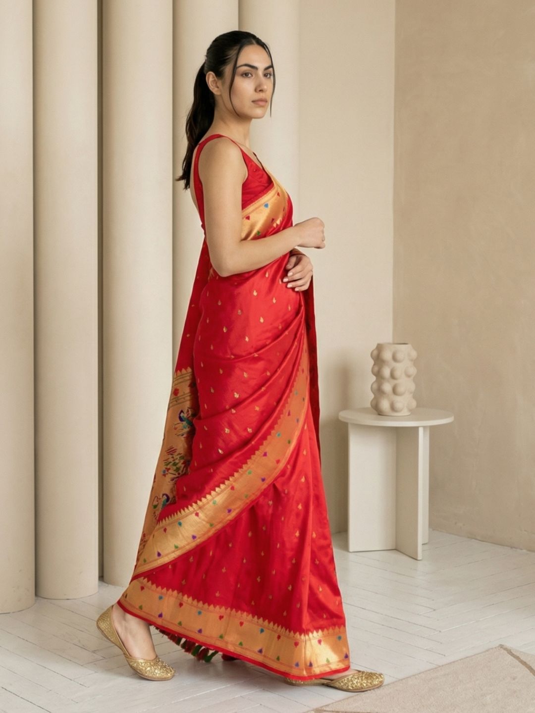 Red Soft Silk Paithani Meenakari Saree Tilak Zari Woven Motifs Temple Border Saree With Brocade Blouse