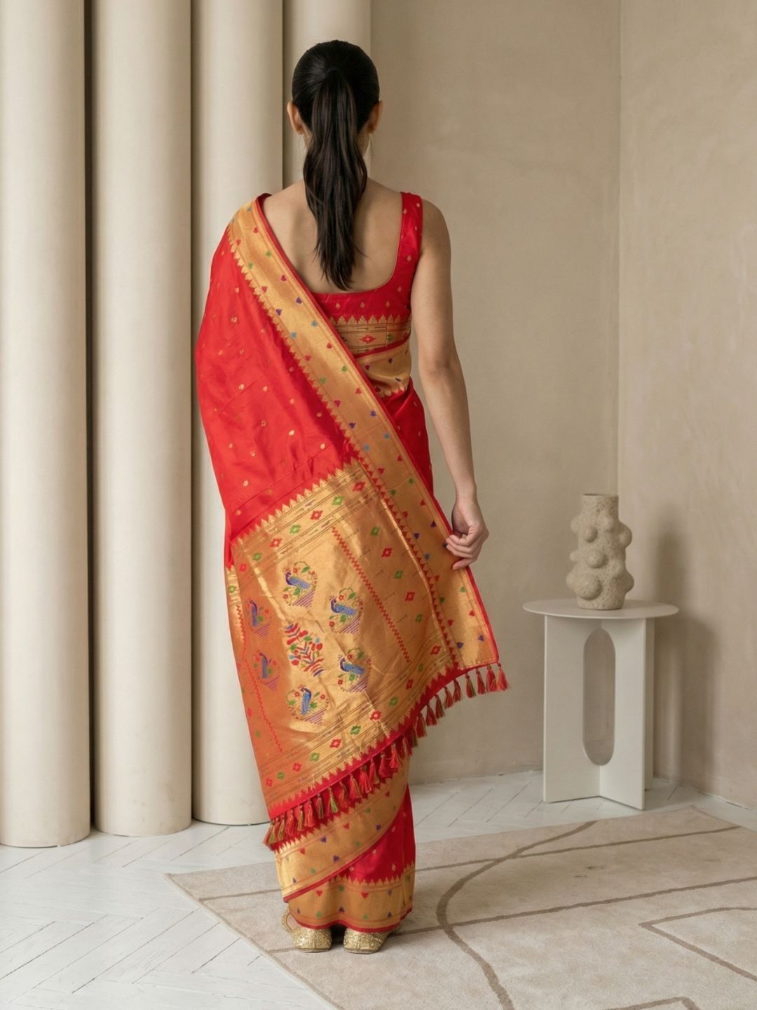 Red Soft Silk Paithani Meenakari Saree Tilak Zari Woven Motifs Temple Border Saree With Brocade Blouse