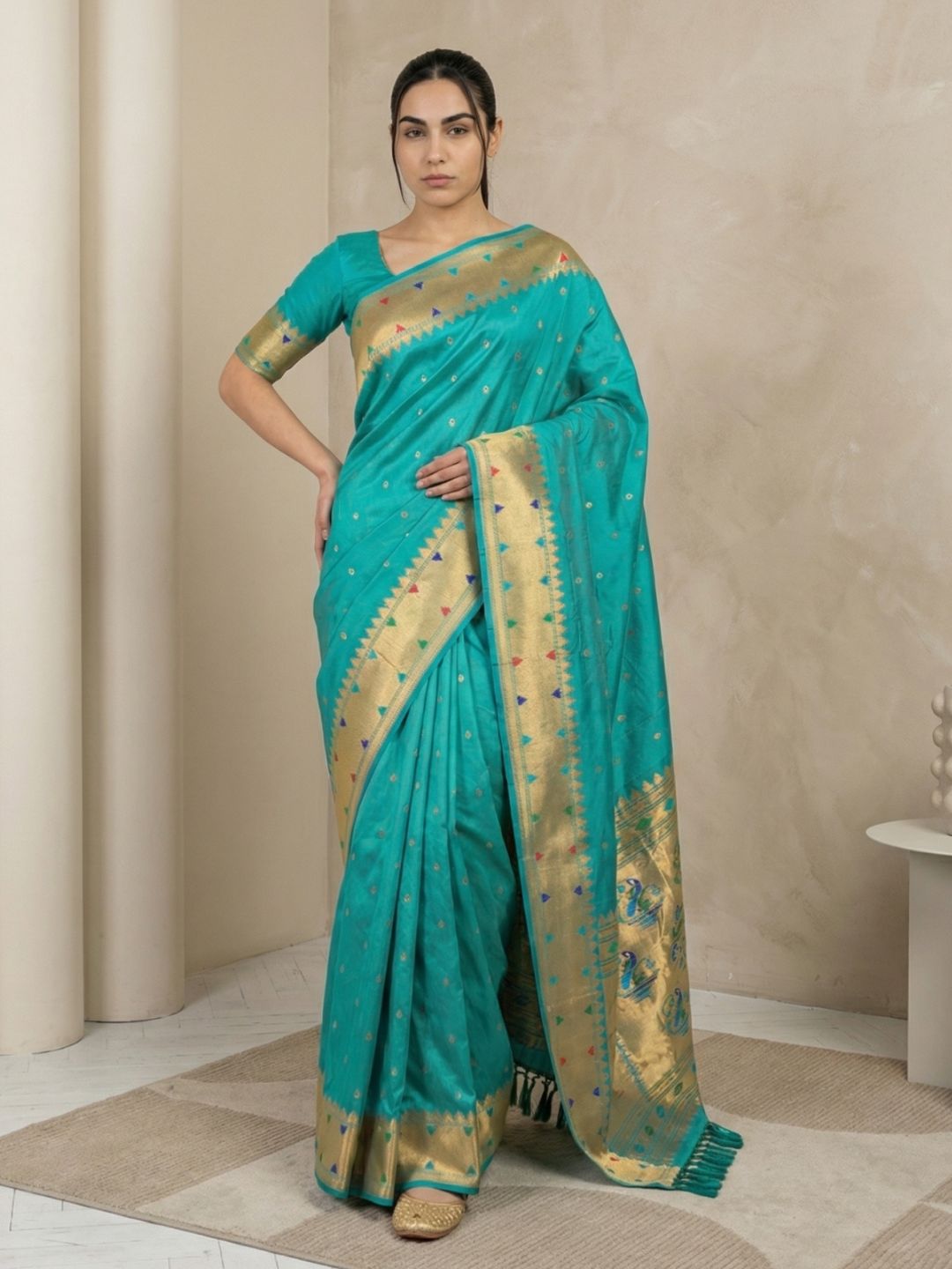 Sky Soft Silk Paithani Meenakari Saree Tilak Zari Woven Motifs Temple Border Saree With Brocade Blouse