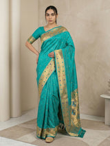 Sky Soft Silk Paithani Meenakari Saree Tilak Zari Woven Motifs Temple Border Saree With Brocade Blouse