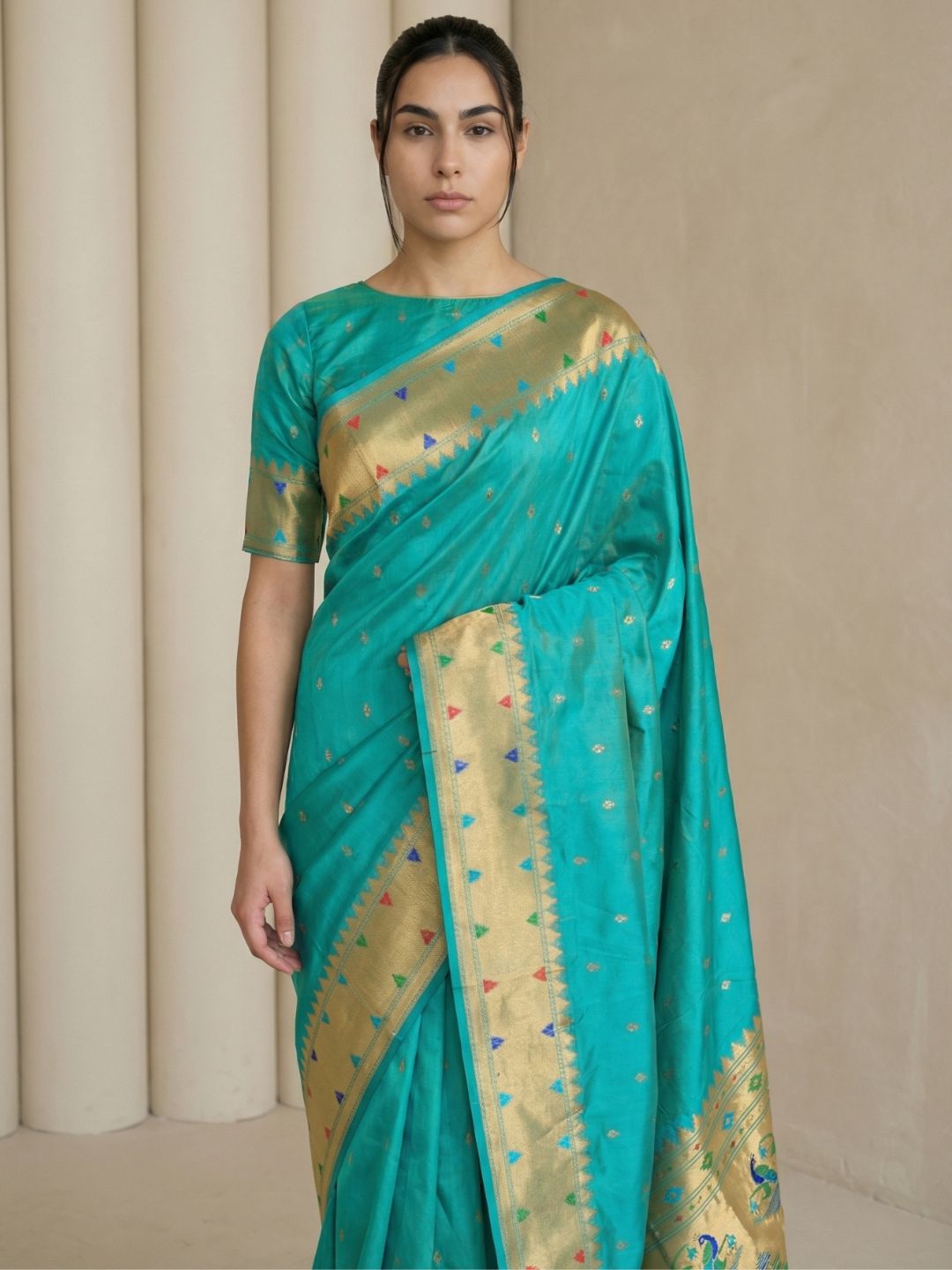 Sky Soft Silk Paithani Meenakari Saree Tilak Zari Woven Motifs Temple Border Saree With Brocade Blouse