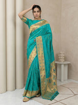 Sky Soft Silk Paithani Meenakari Saree Tilak Zari Woven Motifs Temple Border Saree With Brocade Blouse