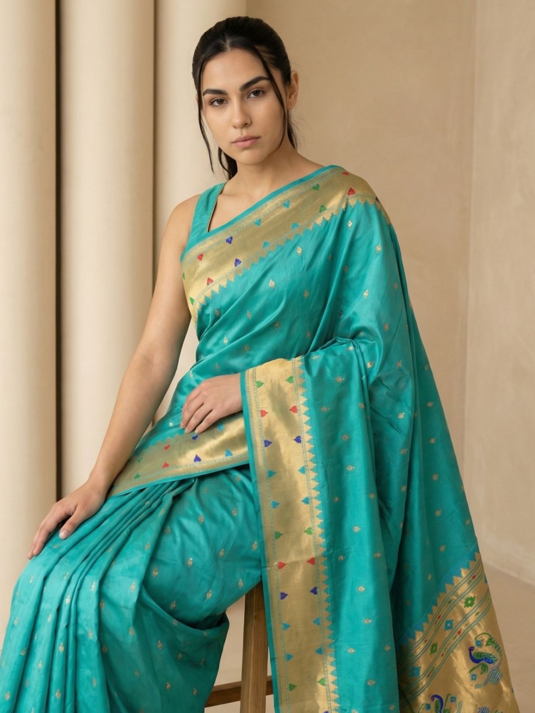 Sky Soft Silk Paithani Meenakari Saree Tilak Zari Woven Motifs Temple Border Saree With Brocade Blouse