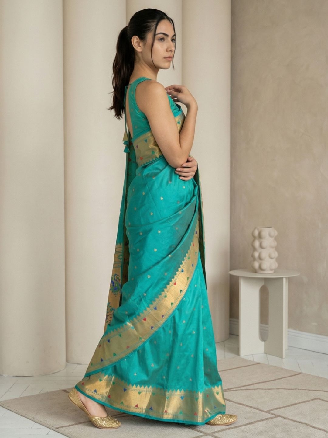 Sky Soft Silk Paithani Meenakari Saree Tilak Zari Woven Motifs Temple Border Saree With Brocade Blouse