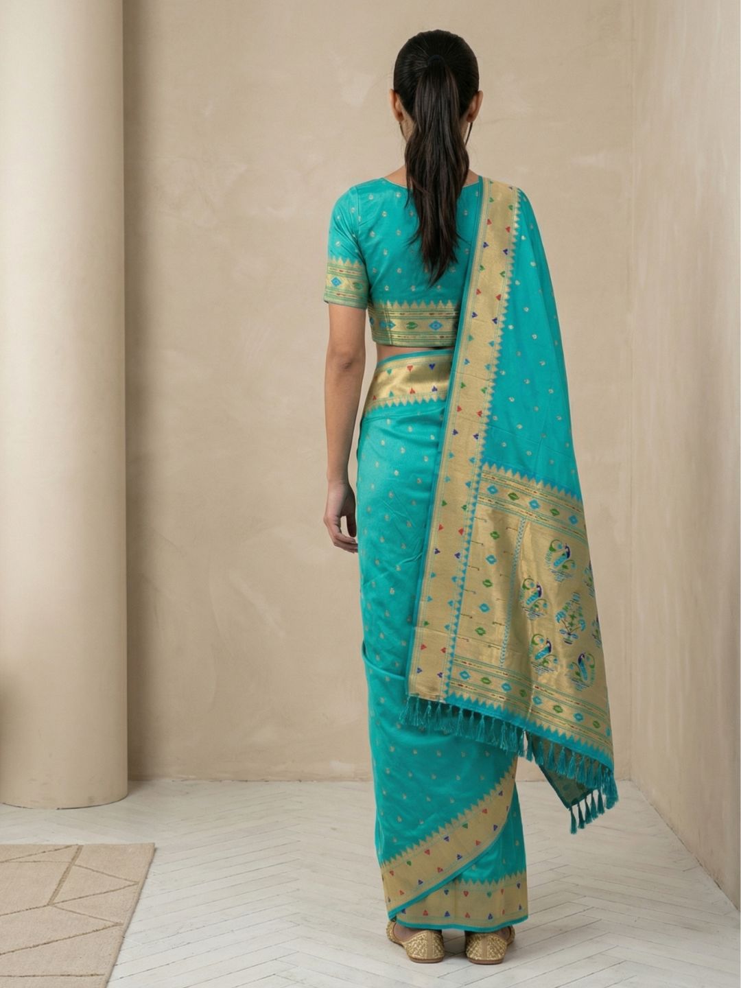 Sky Soft Silk Paithani Meenakari Saree Tilak Zari Woven Motifs Temple Border Saree With Brocade Blouse
