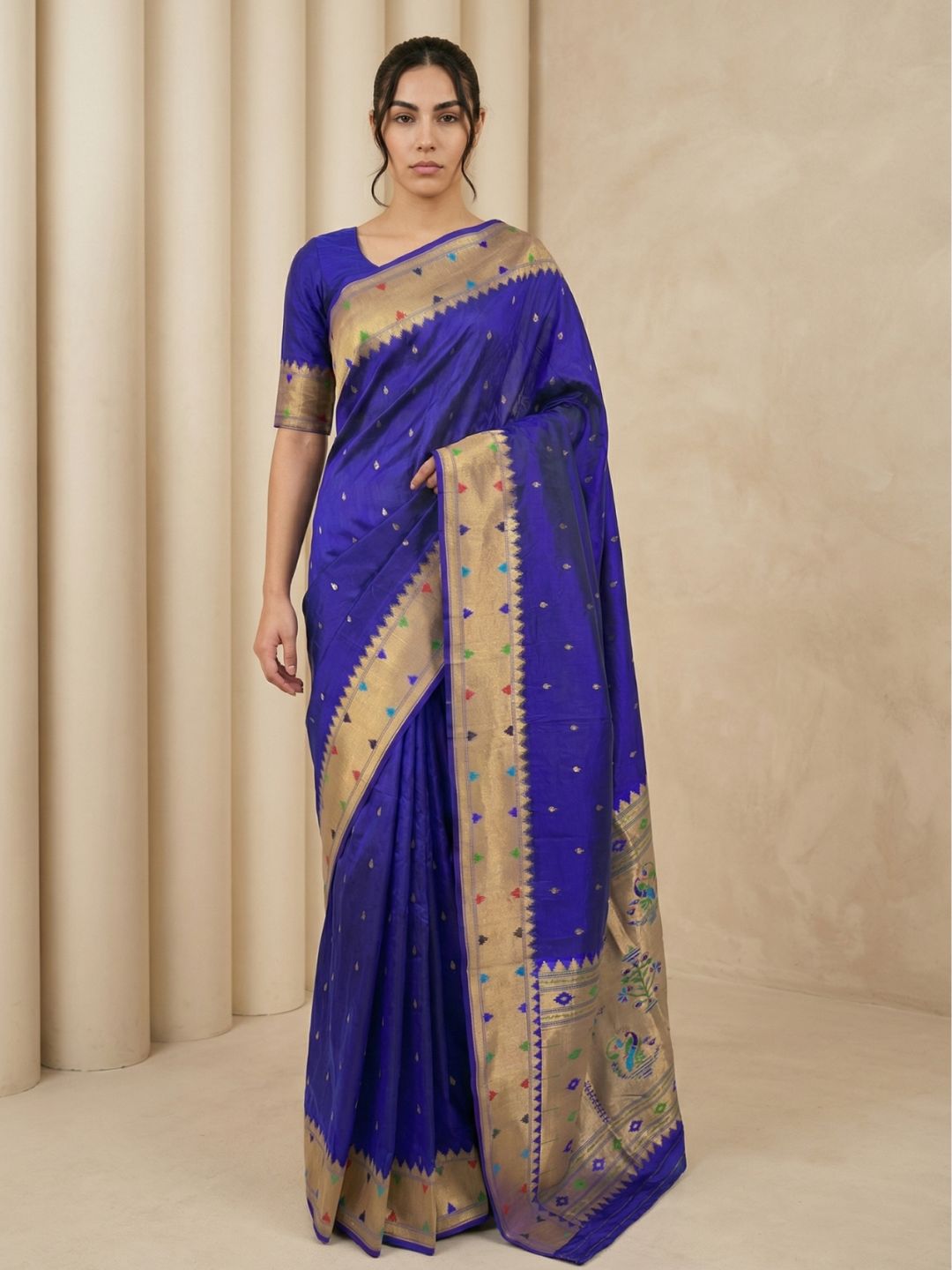 Violet Soft Silk Paithani Meenakari Saree Tilak Zari Woven Motifs Temple Border Saree With Brocade Blouse