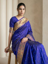 Violet Soft Silk Paithani Meenakari Saree Tilak Zari Woven Motifs Temple Border Saree With Brocade Blouse