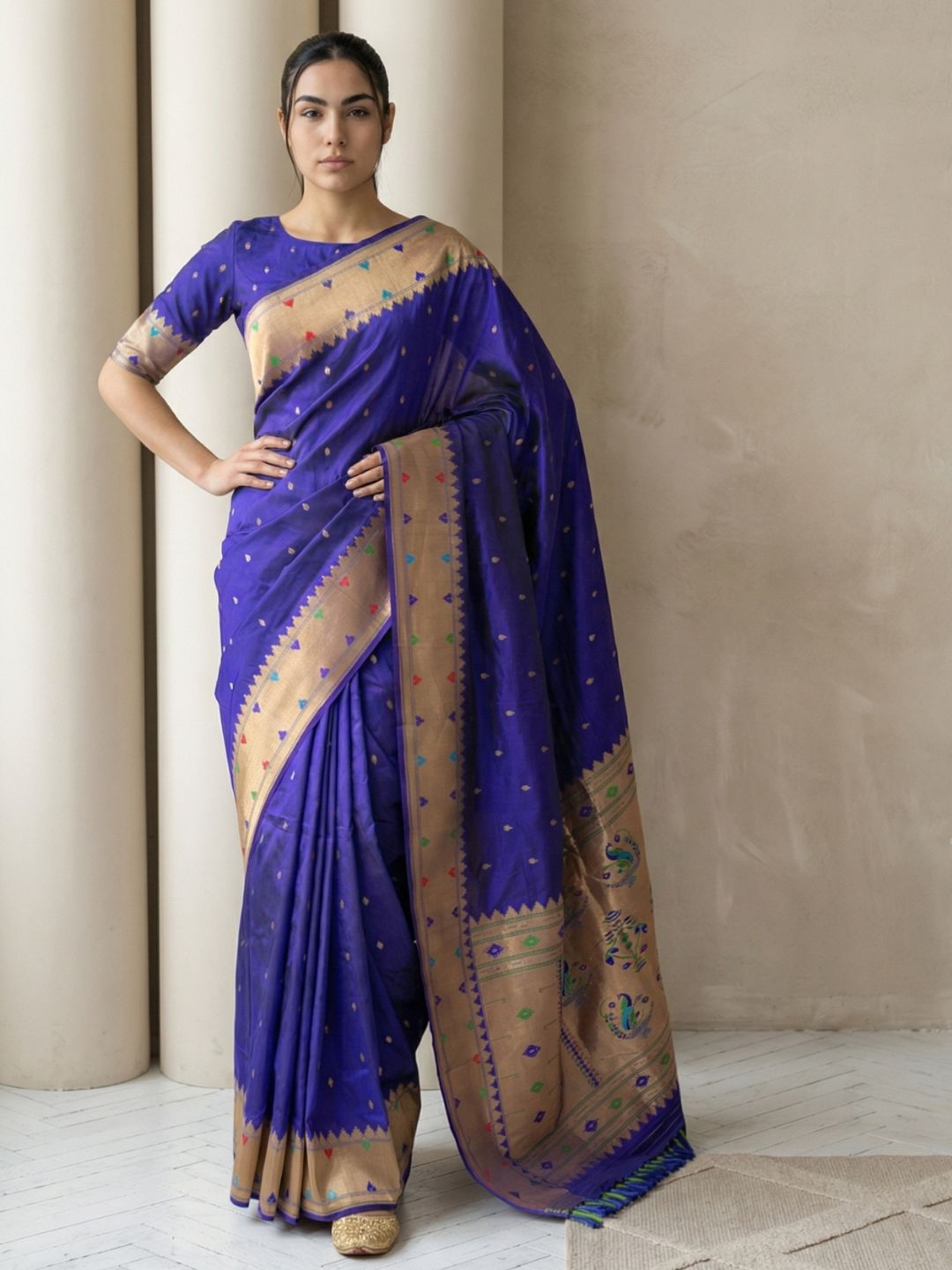 Violet Soft Silk Paithani Meenakari Saree Tilak Zari Woven Motifs Temple Border Saree With Brocade Blouse