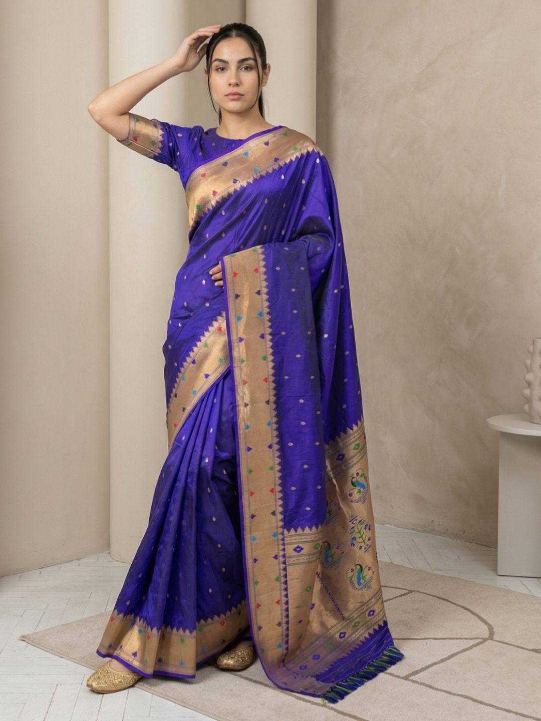 Violet Soft Silk Paithani Meenakari Saree Tilak Zari Woven Motifs Temple Border Saree With Brocade Blouse
