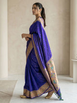 Violet Soft Silk Paithani Meenakari Saree Tilak Zari Woven Motifs Temple Border Saree With Brocade Blouse