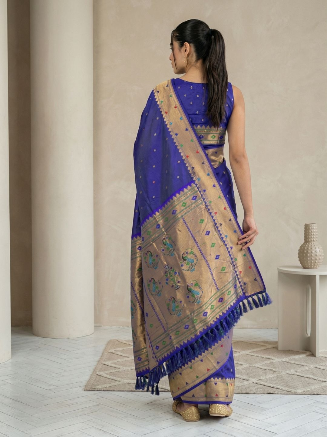 Violet Soft Silk Paithani Meenakari Saree Tilak Zari Woven Motifs Temple Border Saree With Brocade Blouse