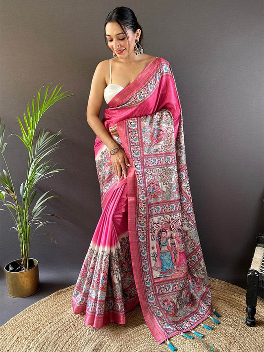 Pink Tussar Silk Saree With Blouse Piece
