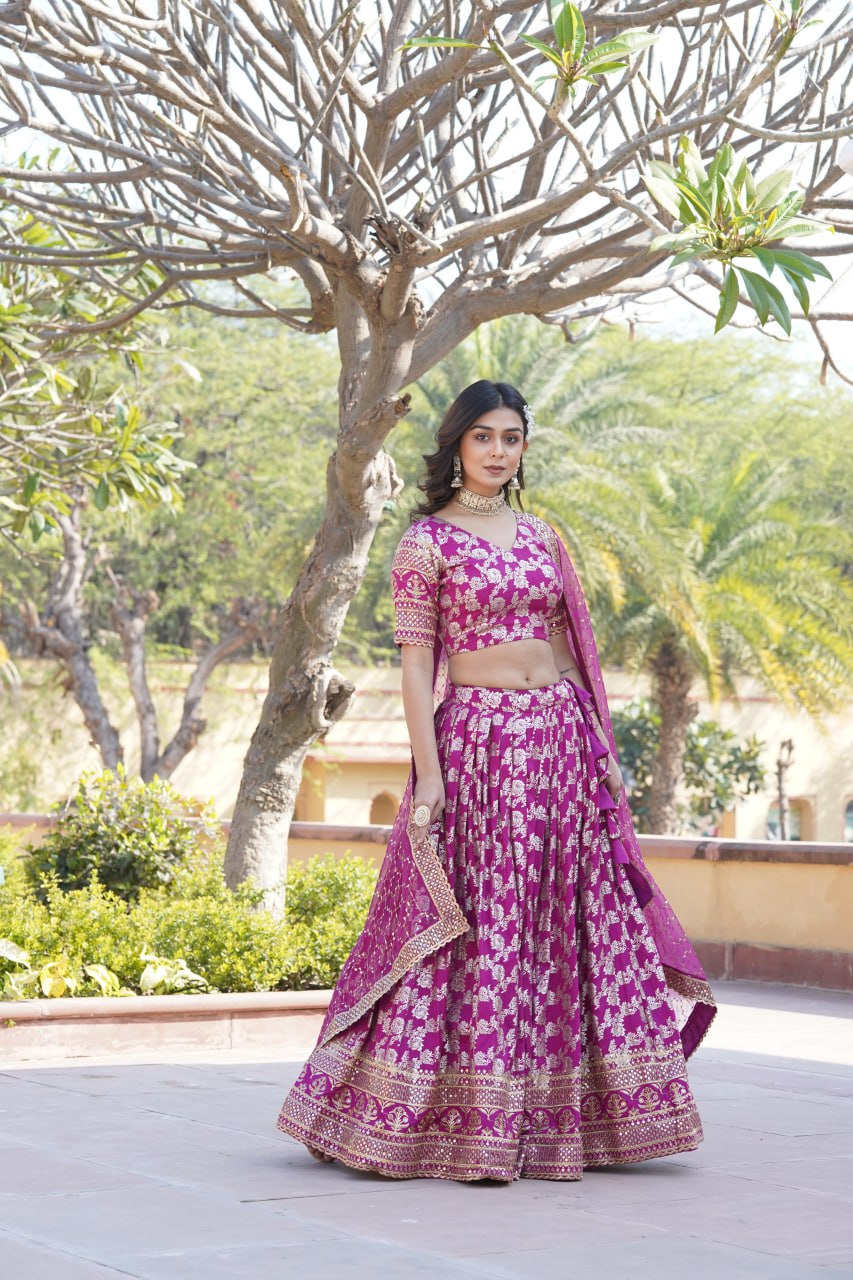 Designer Dyeable Viscose Jacquard Magenta Pink Lehenga Choli & Dupatta Set with Sequins Embroidery