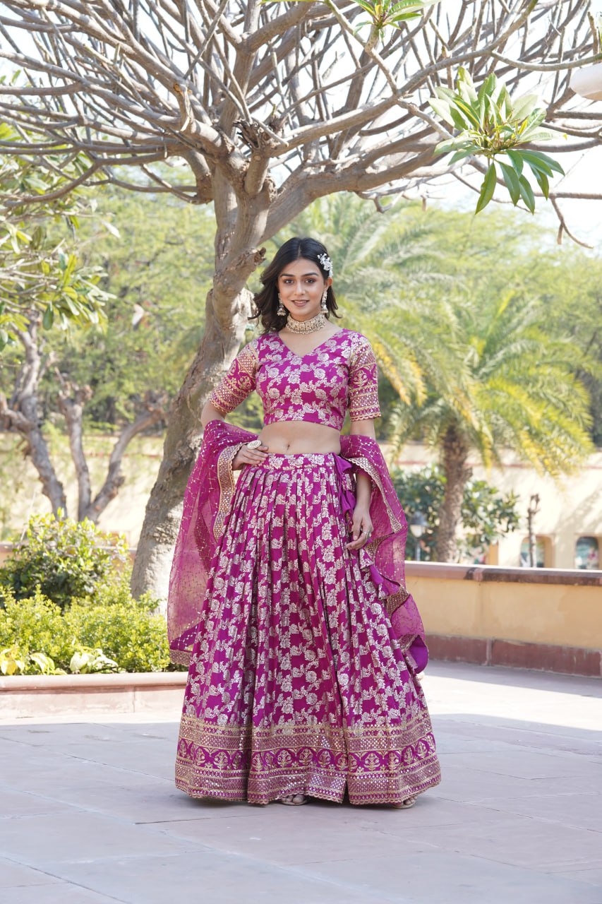 Designer Dyeable Viscose Jacquard Magenta Pink Lehenga Choli & Dupatta Set with Sequins Embroidery