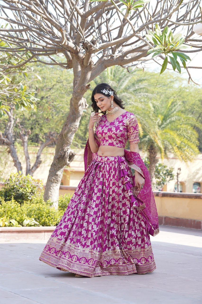 Designer Dyeable Viscose Jacquard Magenta Pink Lehenga Choli & Dupatta Set with Sequins Embroidery