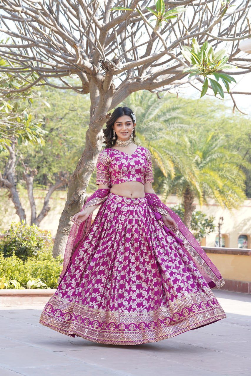 Designer Dyeable Viscose Jacquard Magenta Pink Lehenga Choli & Dupatta Set with Sequins Embroidery