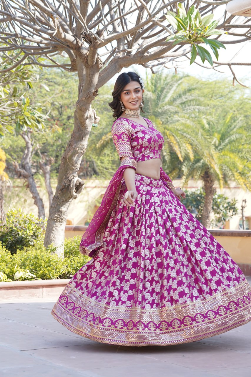 Designer Dyeable Viscose Jacquard Magenta Pink Lehenga Choli & Dupatta Set with Sequins Embroidery