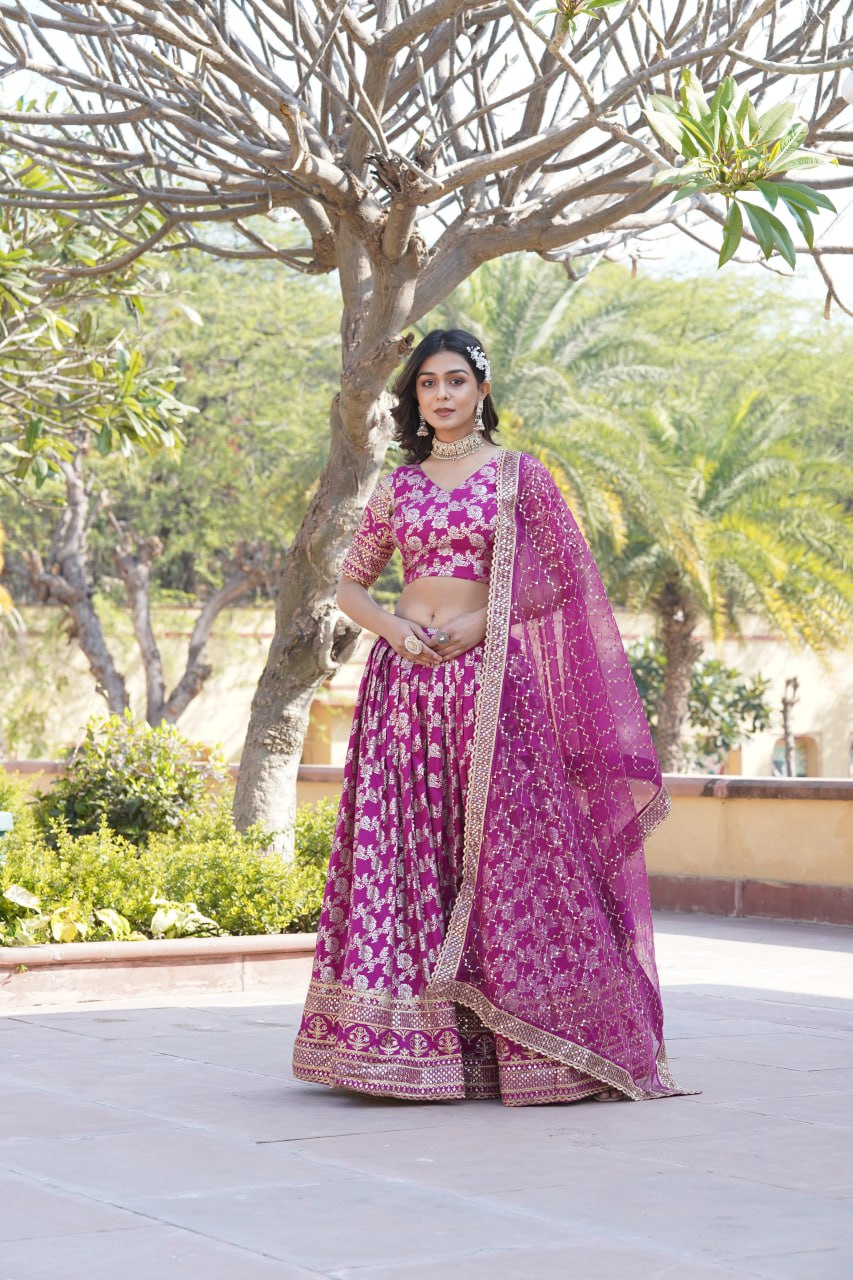 Designer Dyeable Viscose Jacquard Magenta Pink Lehenga Choli & Dupatta Set with Sequins Embroidery