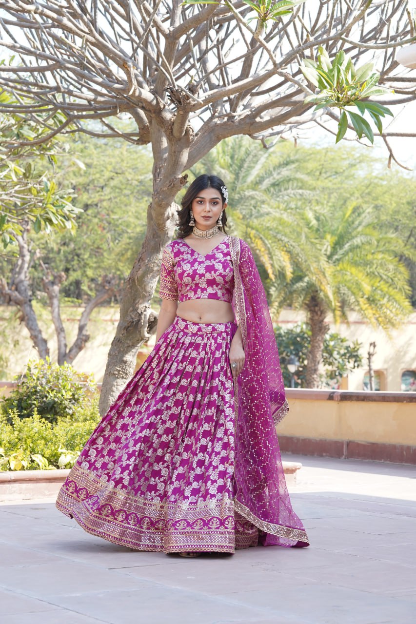 Designer Dyeable Viscose Jacquard Magenta Pink Lehenga Choli & Dupatta Set with Sequins Embroidery