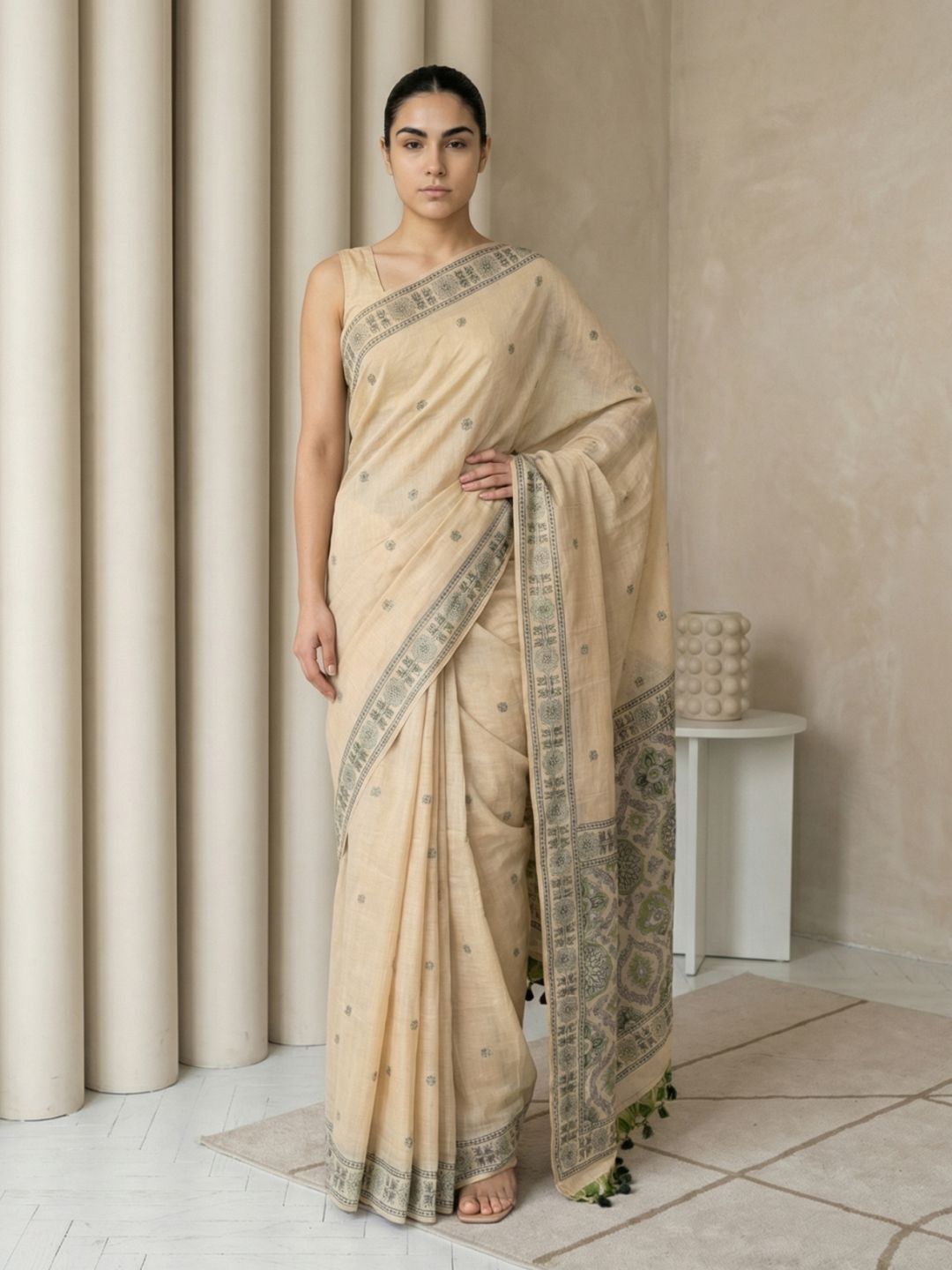 Chickoo Muga Cotton Saree with Resham Weaving  Meenakari Buttis, Pencil Art Pallu – Soft Summer Saree with Blouse Piece