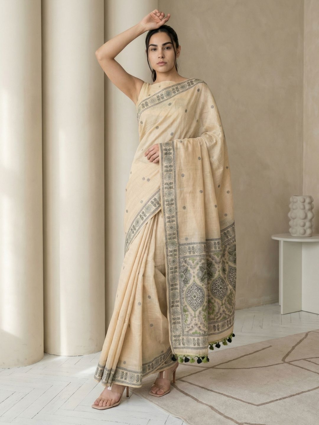 Chickoo Muga Cotton Saree with Resham Weaving  Meenakari Buttis, Pencil Art Pallu – Soft Summer Saree with Blouse Piece