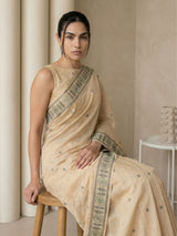 Chickoo Muga Cotton Saree with Resham Weaving  Meenakari Buttis, Pencil Art Pallu – Soft Summer Saree with Blouse Piece