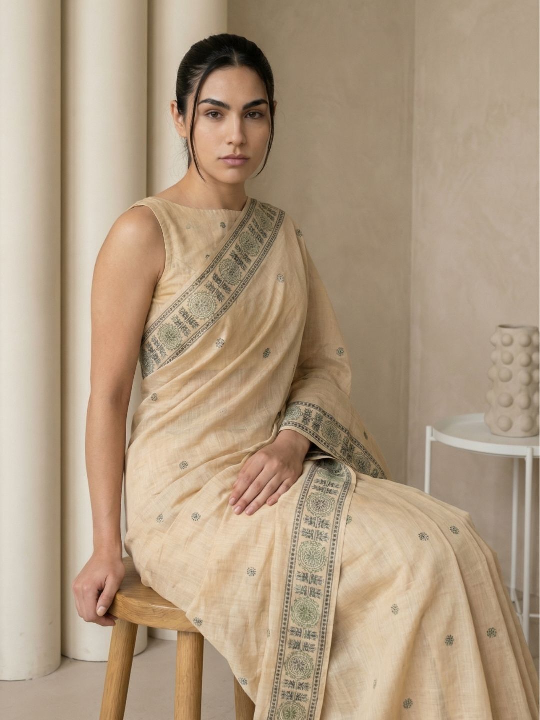 Chickoo Muga Cotton Saree with Resham Weaving  Meenakari Buttis, Pencil Art Pallu – Soft Summer Saree with Blouse Piece