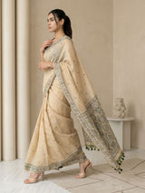 Chickoo Muga Cotton Saree with Resham Weaving  Meenakari Buttis, Pencil Art Pallu – Soft Summer Saree with Blouse Piece