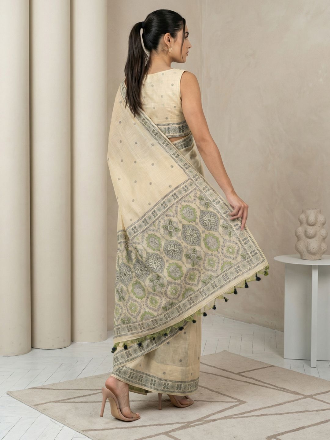 Chickoo Muga Cotton Saree with Resham Weaving  Meenakari Buttis, Pencil Art Pallu – Soft Summer Saree with Blouse Piece
