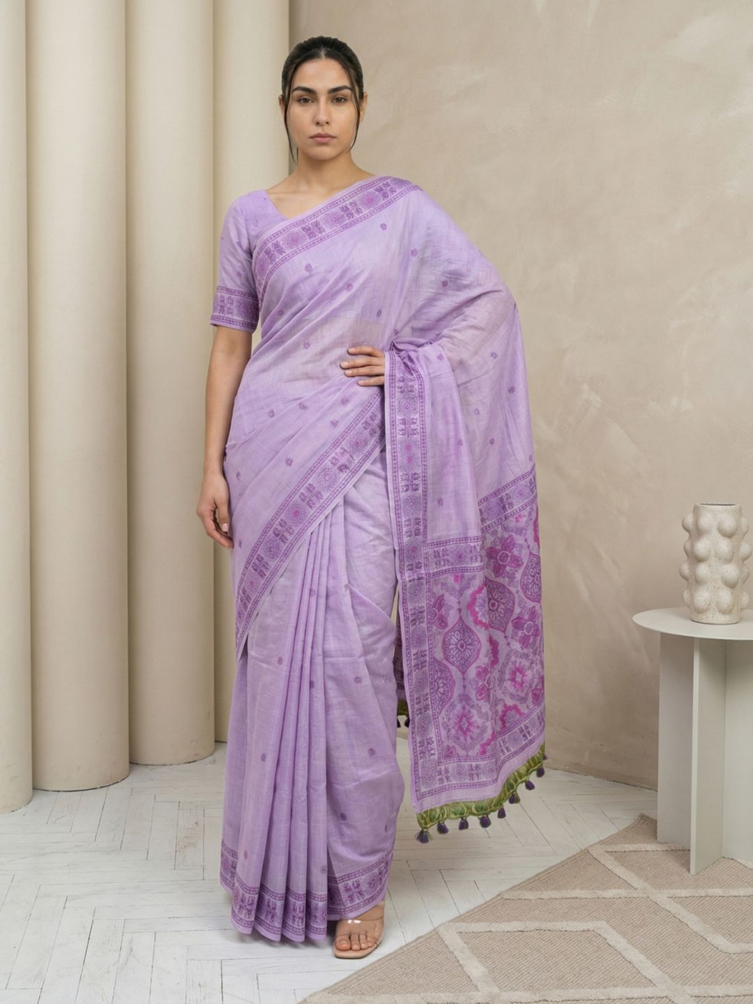 Lavender Muga Cotton Saree with Resham Weaving  Meenakari Buttis, Pencil Art Pallu – Soft Summer Saree with Blouse Piece