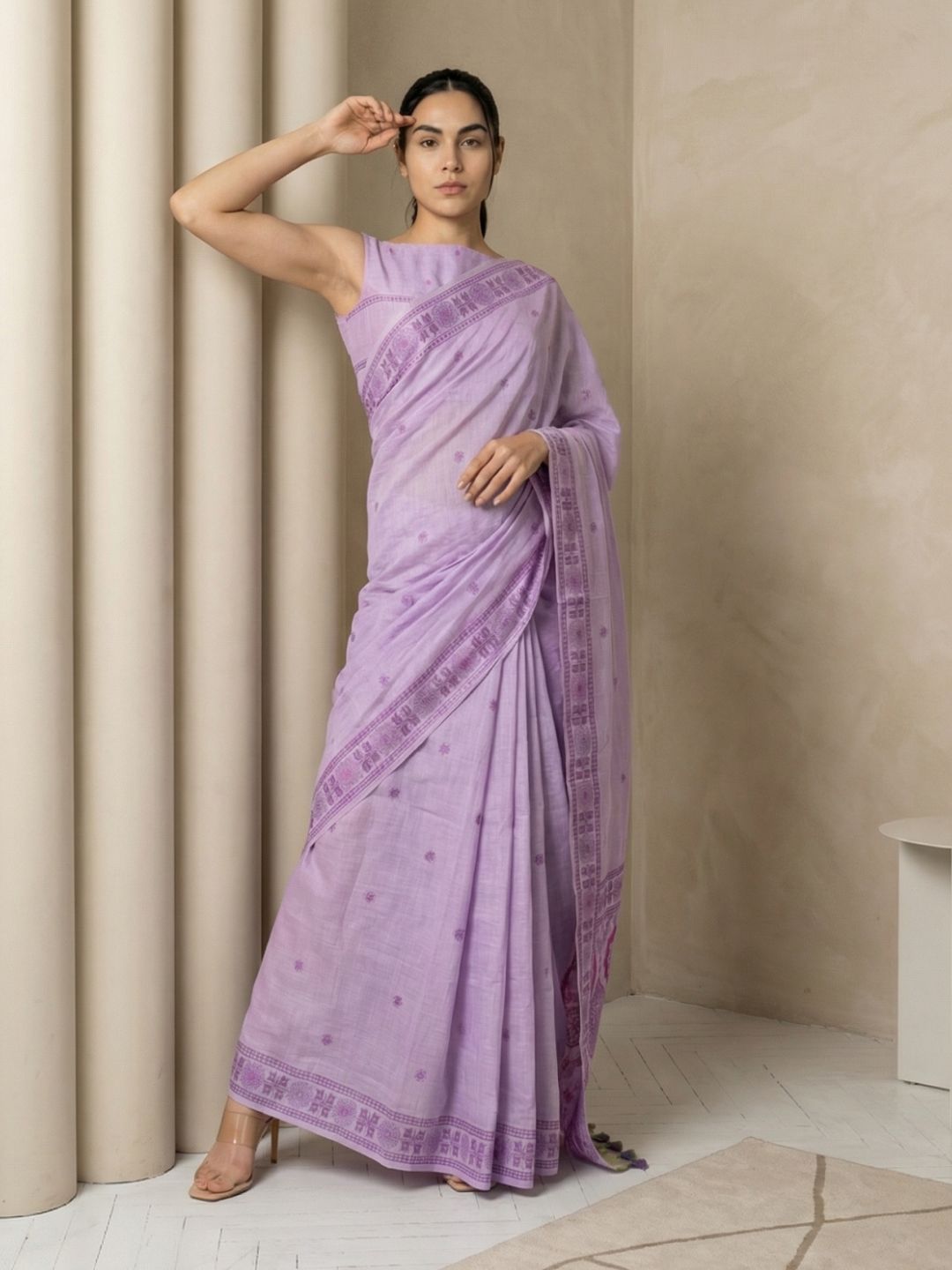 Lavender Muga Cotton Saree with Resham Weaving  Meenakari Buttis, Pencil Art Pallu – Soft Summer Saree with Blouse Piece