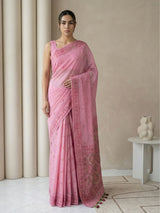 Pink Muga Cotton Saree with Resham Weaving  Meenakari Buttis, Pencil Art Pallu – Soft Summer Saree with Blouse Piece
