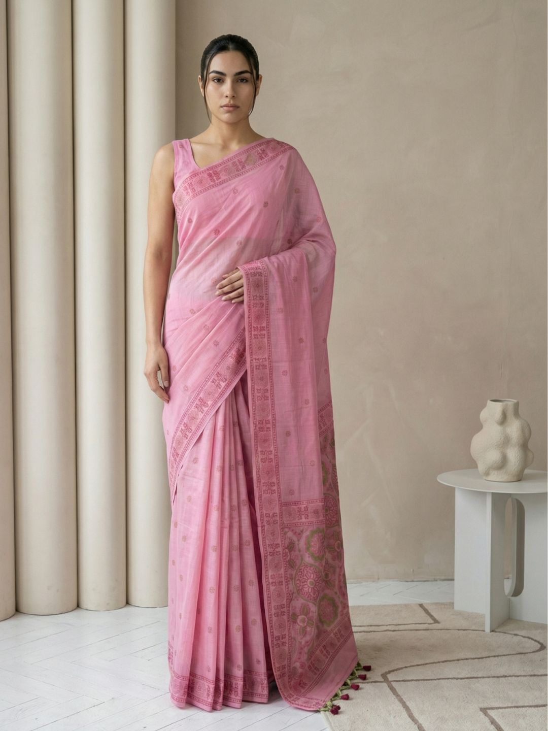 Pink Muga Cotton Saree with Resham Weaving  Meenakari Buttis, Pencil Art Pallu – Soft Summer Saree with Blouse Piece