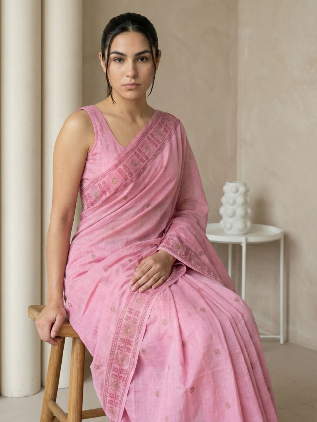Pink Muga Cotton Saree with Resham Weaving  Meenakari Buttis, Pencil Art Pallu – Soft Summer Saree with Blouse Piece
