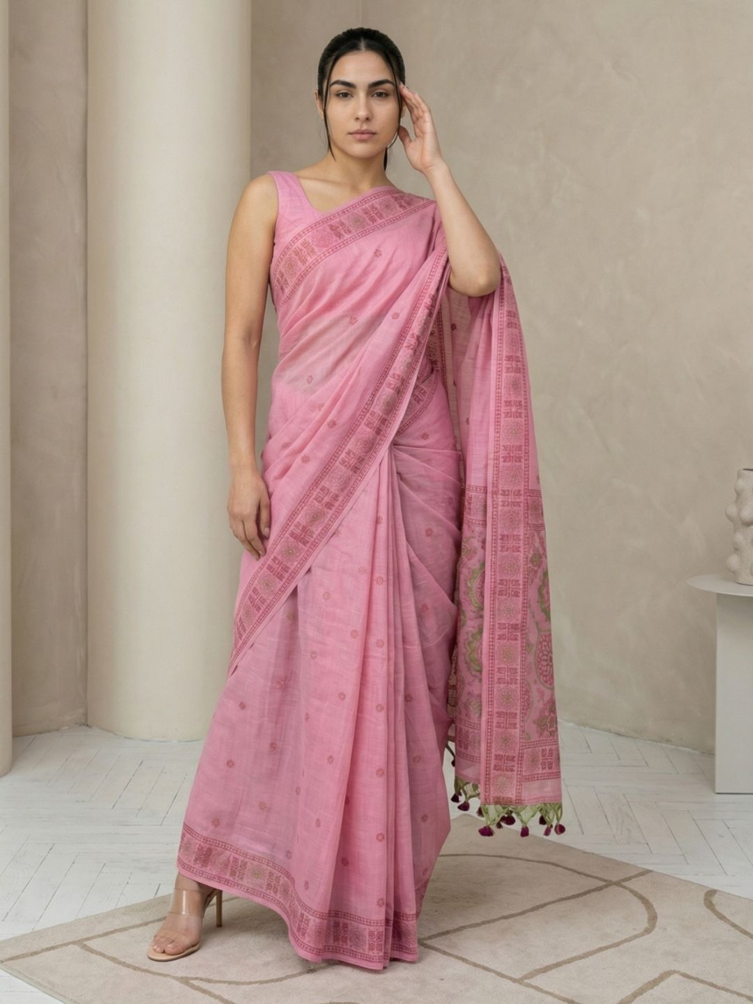 Pink Muga Cotton Saree with Resham Weaving  Meenakari Buttis, Pencil Art Pallu – Soft Summer Saree with Blouse Piece
